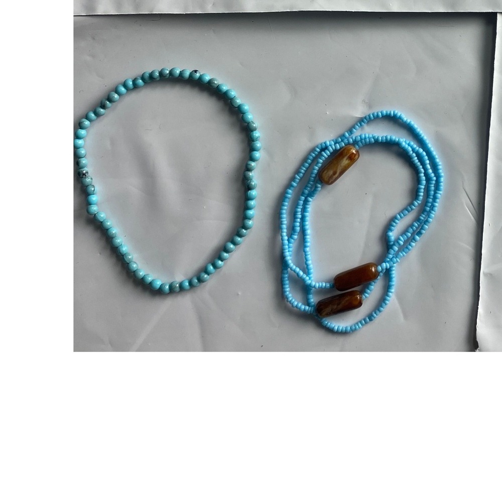Set of 3 Beaded Bracelets Turquoise Blue with Amber Accents Stretch Stackable‎